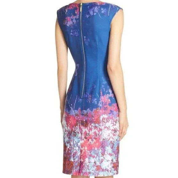ADRIANNA PAPELL  Floral Print Scuba Sheath Dress Women's Blue Size 8 Above Knee - Picture 2 of 9